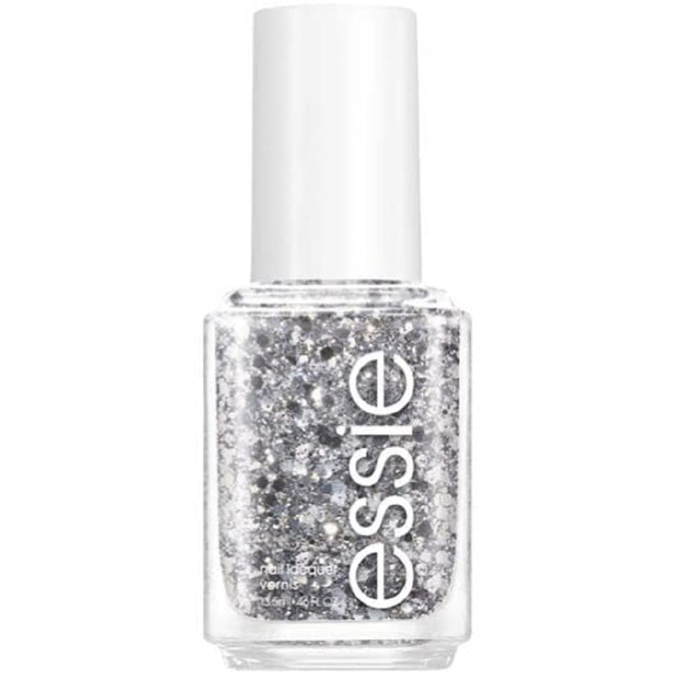 essie front bottle shot showing silver glitter polish and brand benefit
