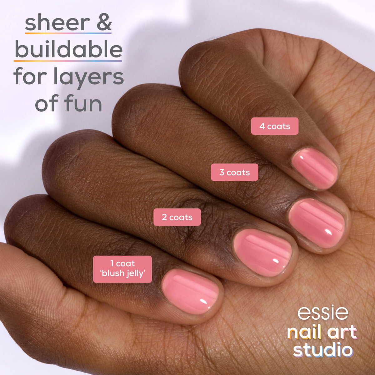 essie single-coat swatch on hand showing sheer pink wash benefit