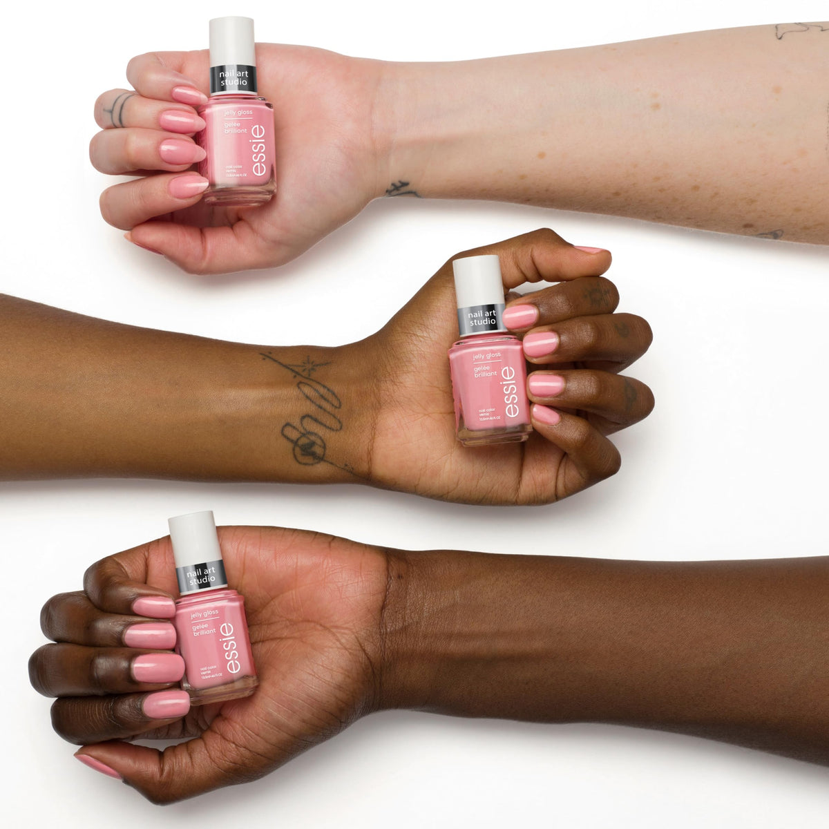 essie three-coat swatch on nail showing buildable opacity benefit
