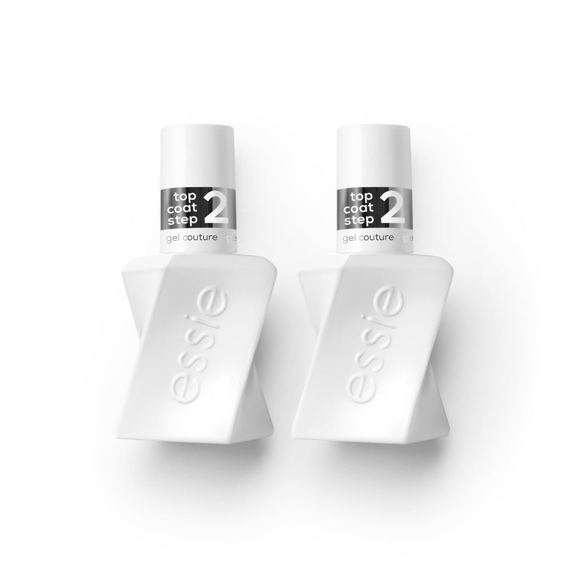 essie front packaging showing two clear top coat bottles for lasting shine