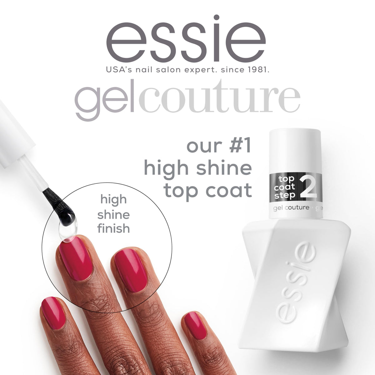 essie open bottle with brush applying glossy top coat for smooth finish