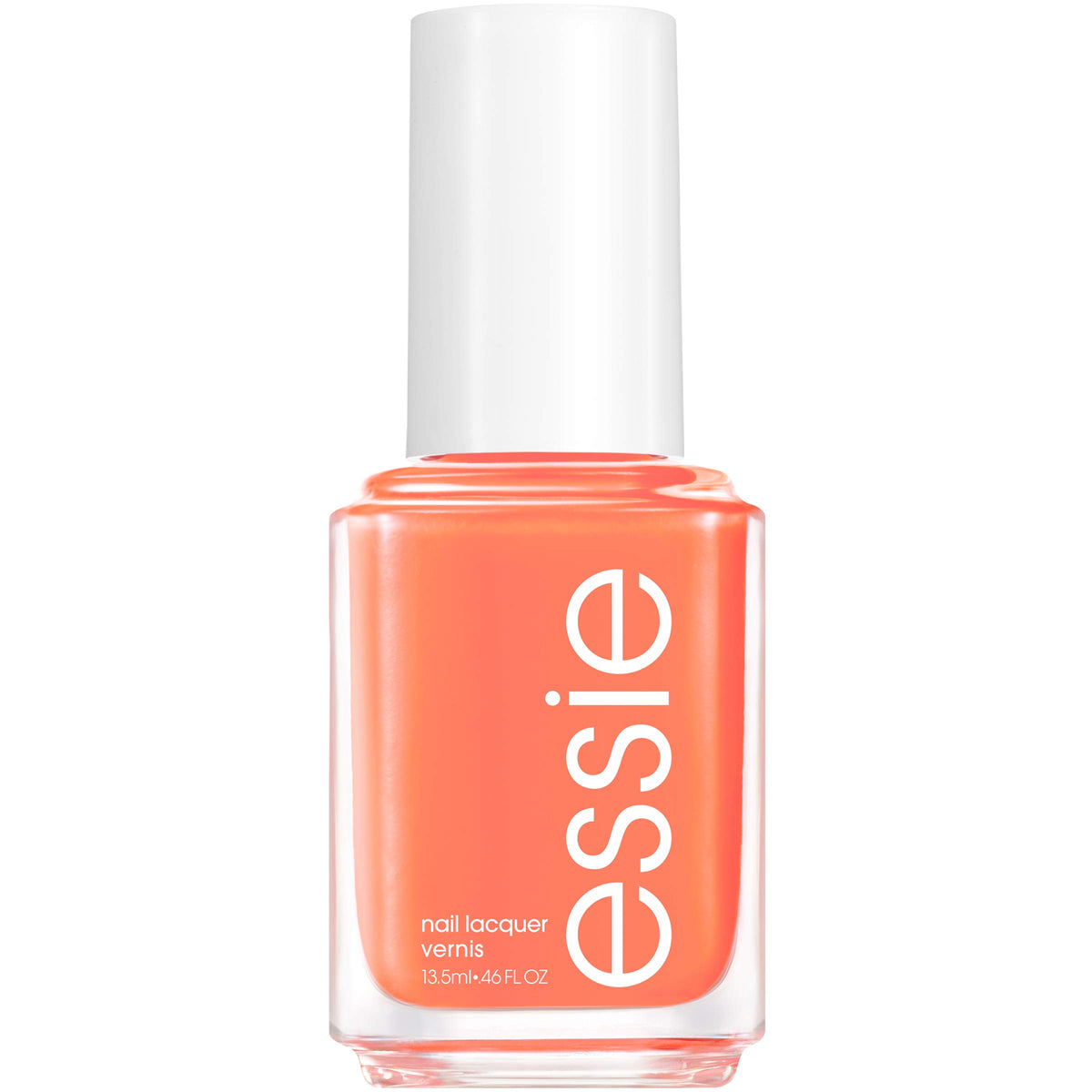 essie bottle front view showing vibrant tangerine cream polish benefit: clear color preview