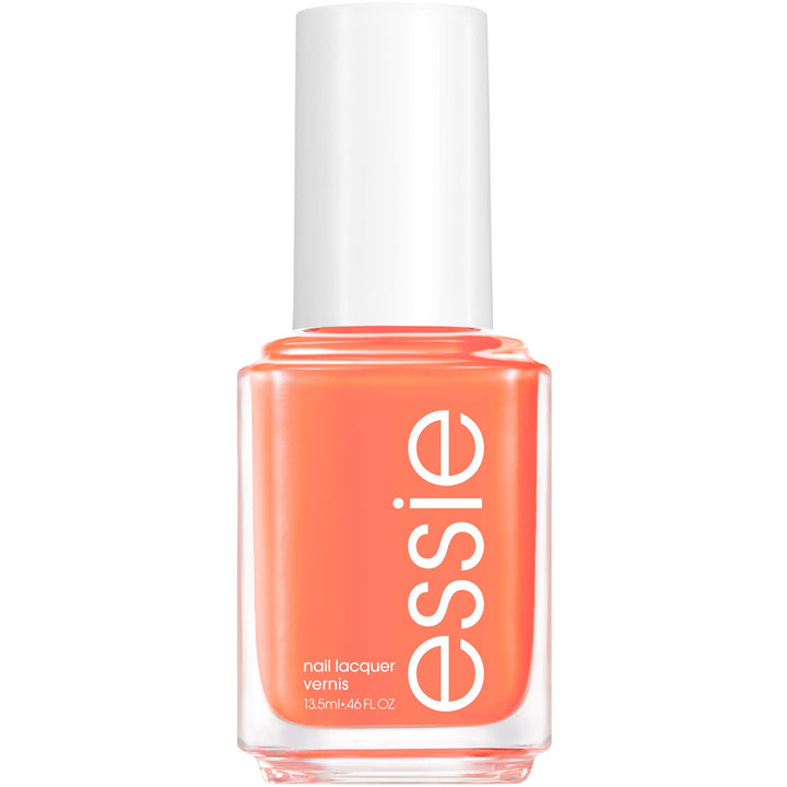 essie bottle front view showing vibrant tangerine cream polish benefit: clear color preview