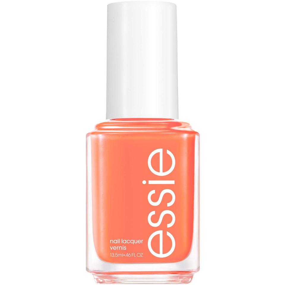 essie bottle front view showing vibrant tangerine cream polish benefit: clear color preview