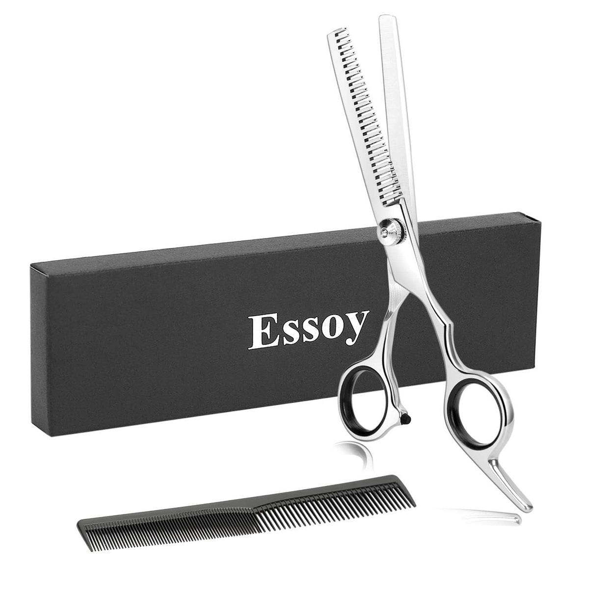 Essoy front view showing scissors and packaging, reliable professional tool