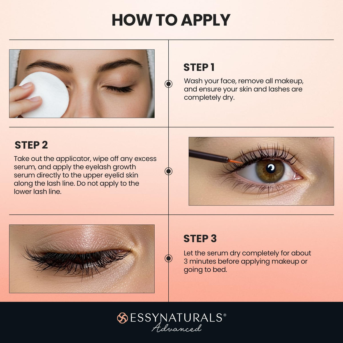 EssyNaturals before and after lashes comparison showing thicker, longer lashes