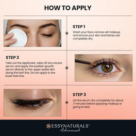 EssyNaturals before and after lashes comparison showing thicker, longer lashes