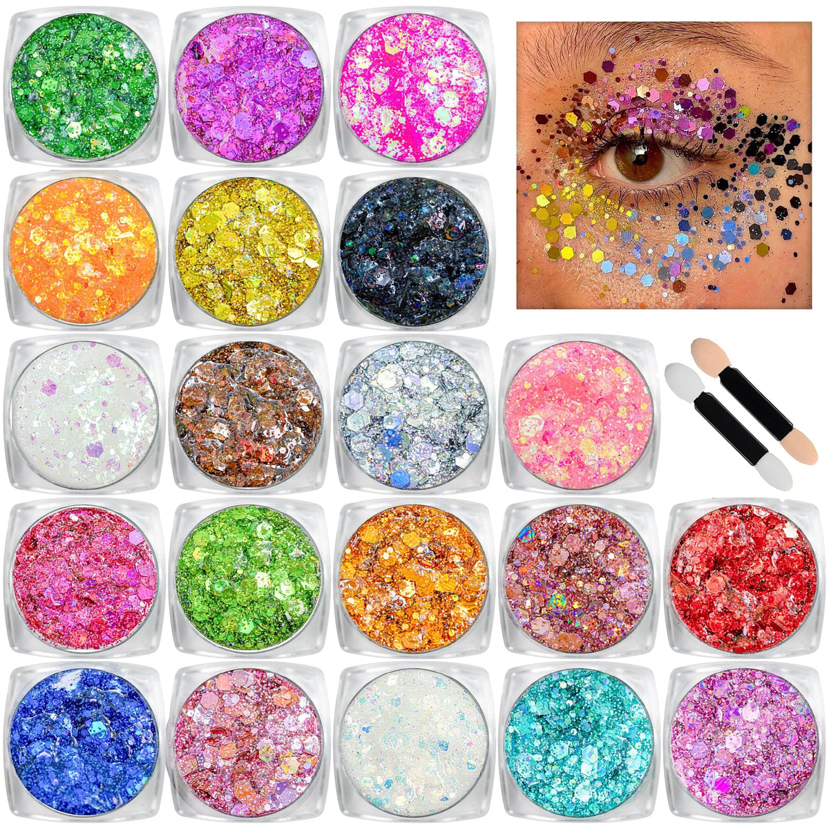 Estanoite front packaging showing 20 glitter gel colors and vibrant selection benefits