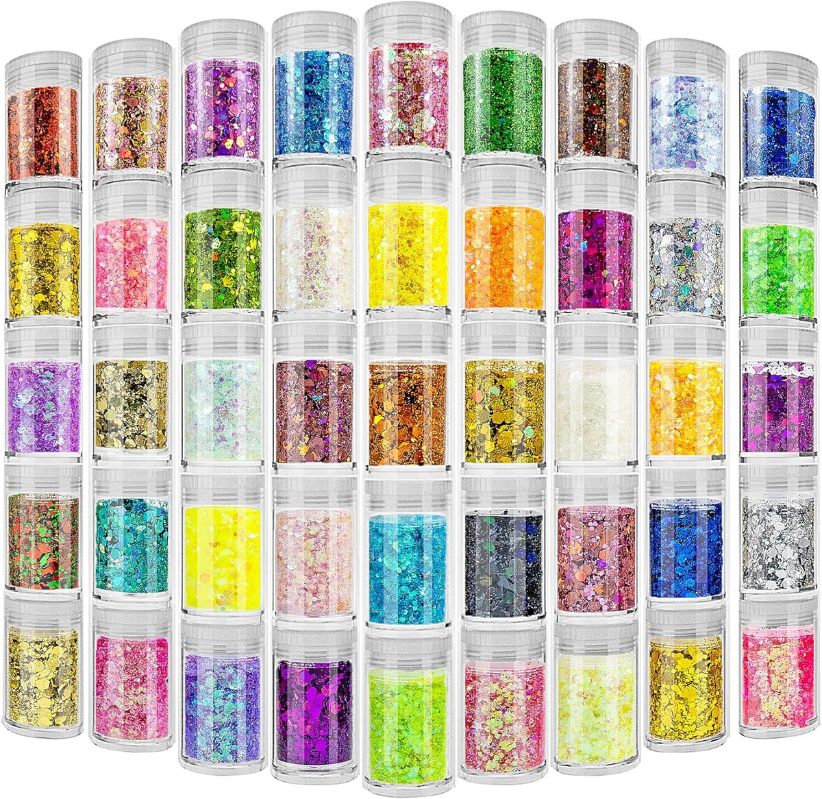Estanoite front packaging showing 45 clear sealed glitter jars for easy selection and storage