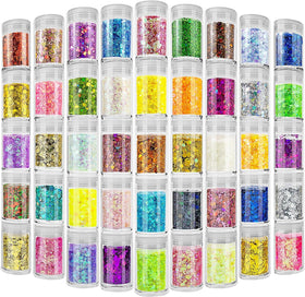 Estanoite front packaging showing 45 clear sealed glitter jars for easy selection and storage