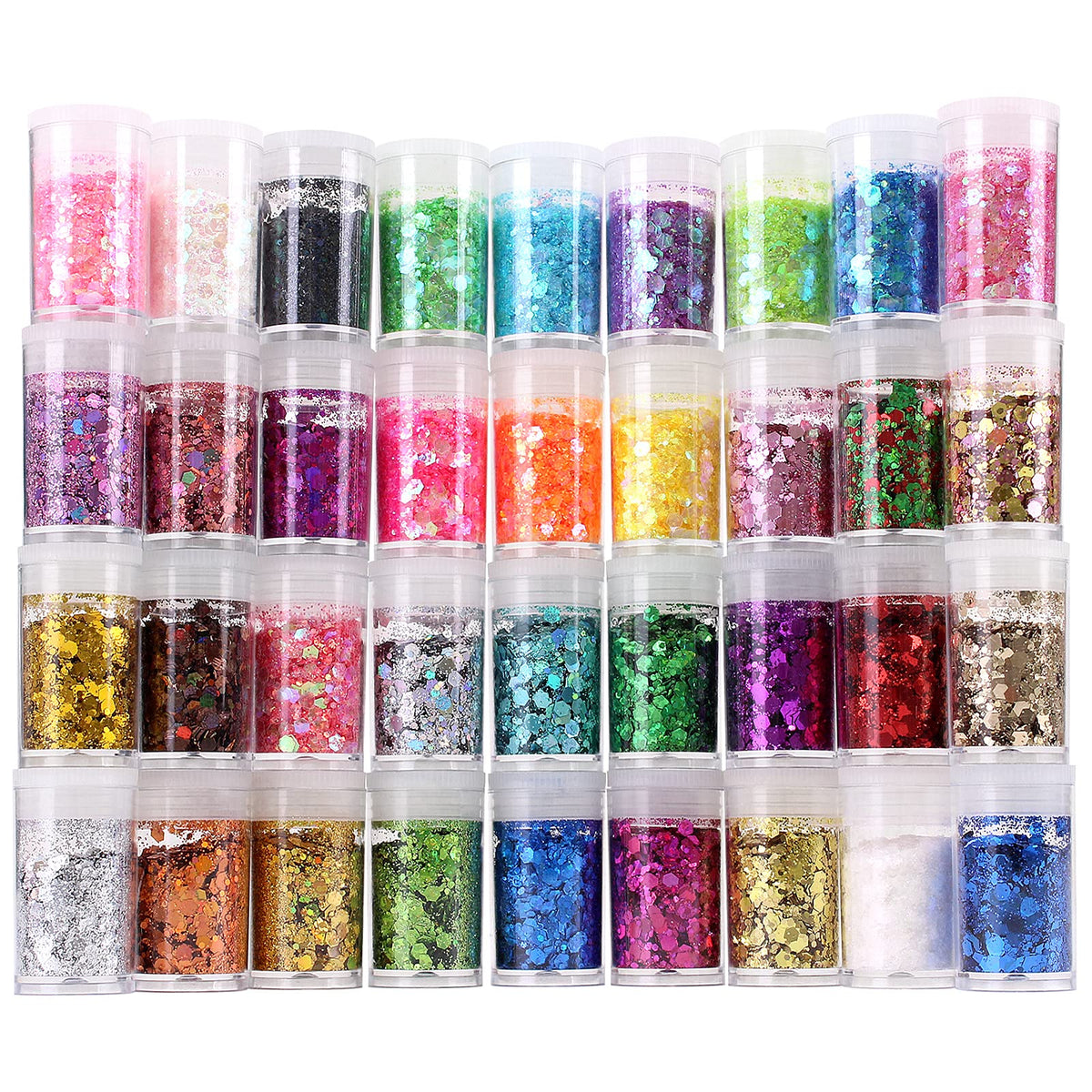 Estanoite front packaging showing 36 sealed glitter jars and labels for organized use