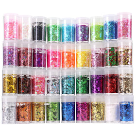 Estanoite front packaging showing 36 sealed glitter jars and labels for organized use