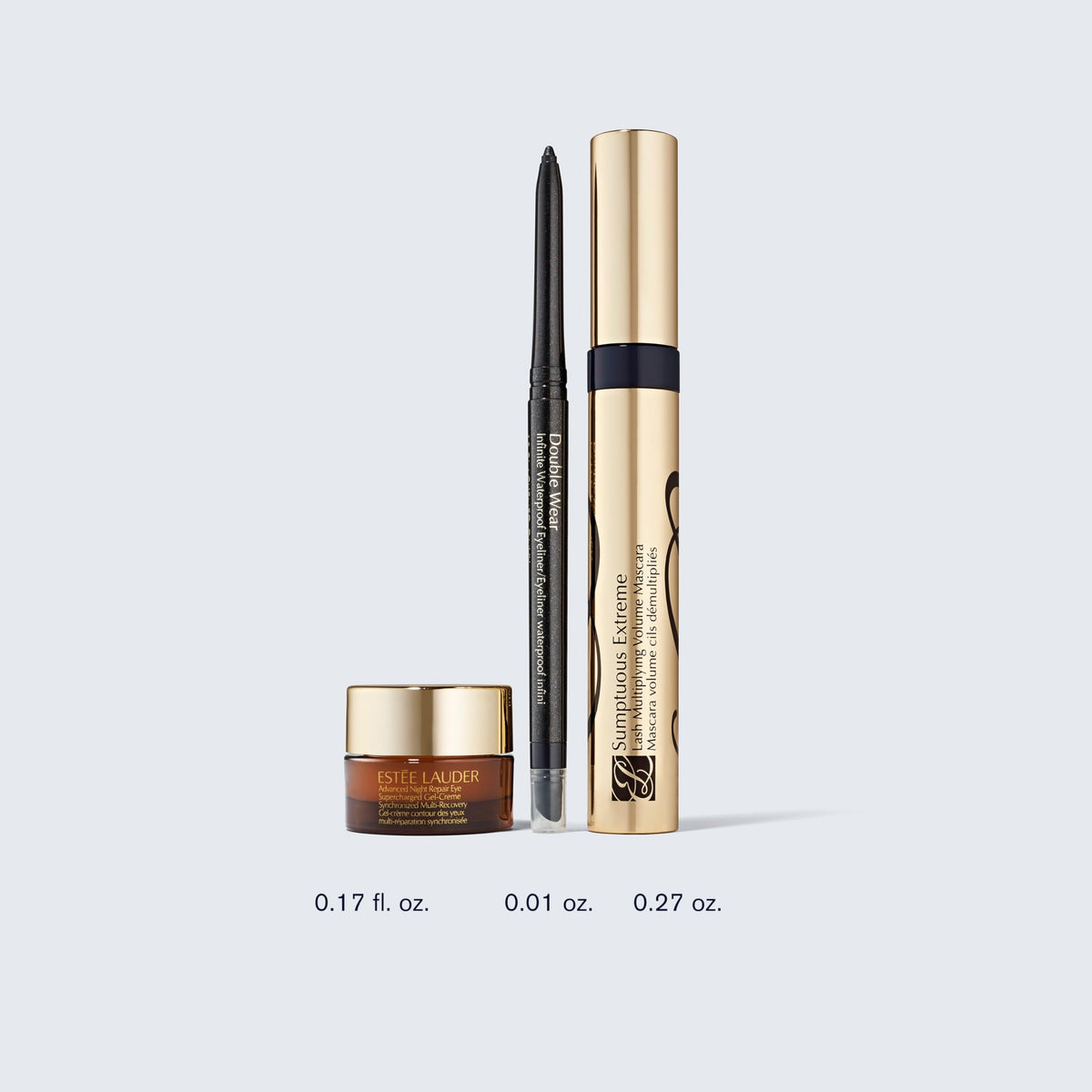 Estée Lauder set contents flatlay highlighting mascara, eyeliner, and eye gel benefits