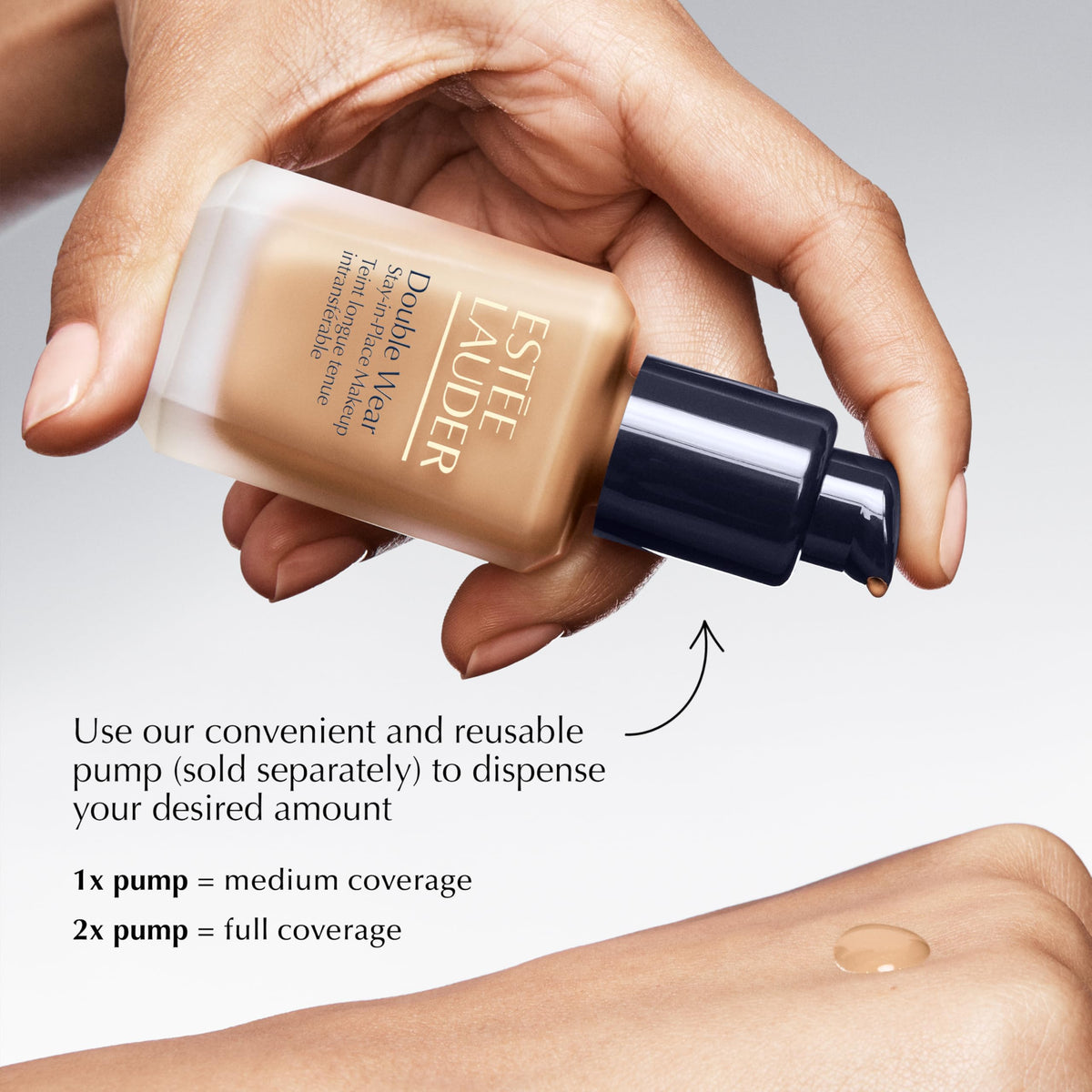 Estée Lauder bottle held in hand to show size and one-ounce scale advantage