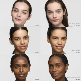 Estée Lauder open compact revealing Desert Beige powder and mirror benefit: immediate coverage