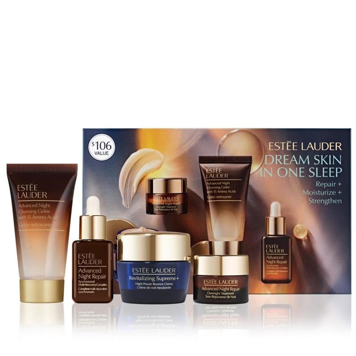 Estée Lauder front packaging of Dream Skin set shows full travel-size lineup and gifting appeal