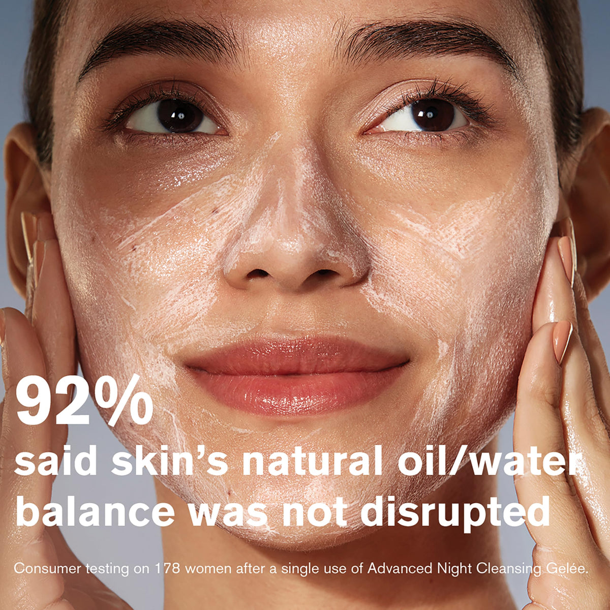 Estée Lauder foam on hand demonstrating gentle lather that removes makeup