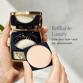 Estée Lauder powder refill in a makeup bag for on-the-go oil control