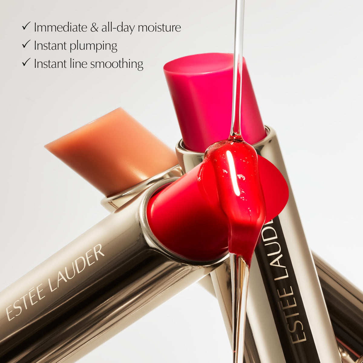 Estée Lauder lifestyle hand application demonstrating smooth glide and instant shine