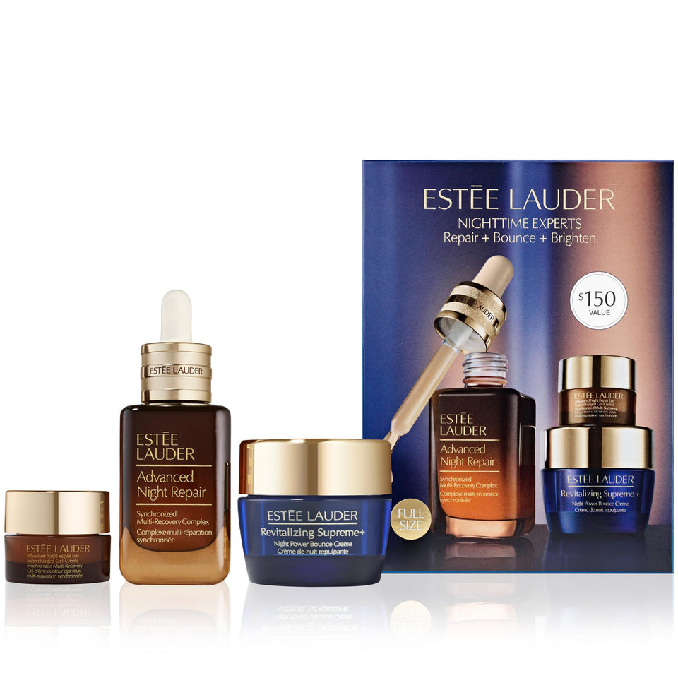 Estée Lauder set front packaging showing all three nighttime products and gift appearance benefit
