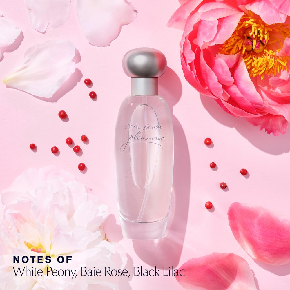 Estée Lauder Pleasures bottle next to box, clear branding and packaging benefit