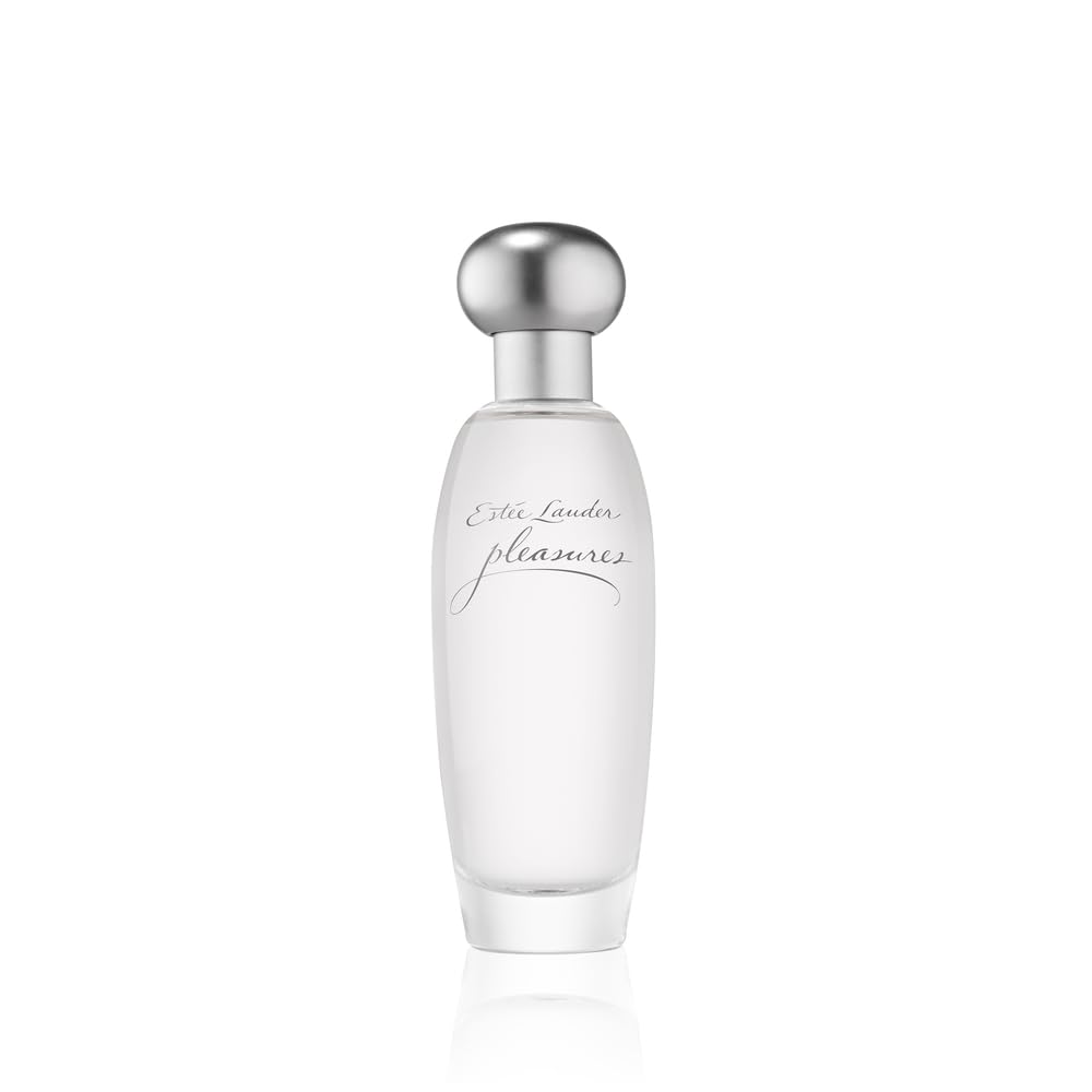 Estée Lauder Pleasures bottle front view showing elegant glass and label, suggests classic luxury