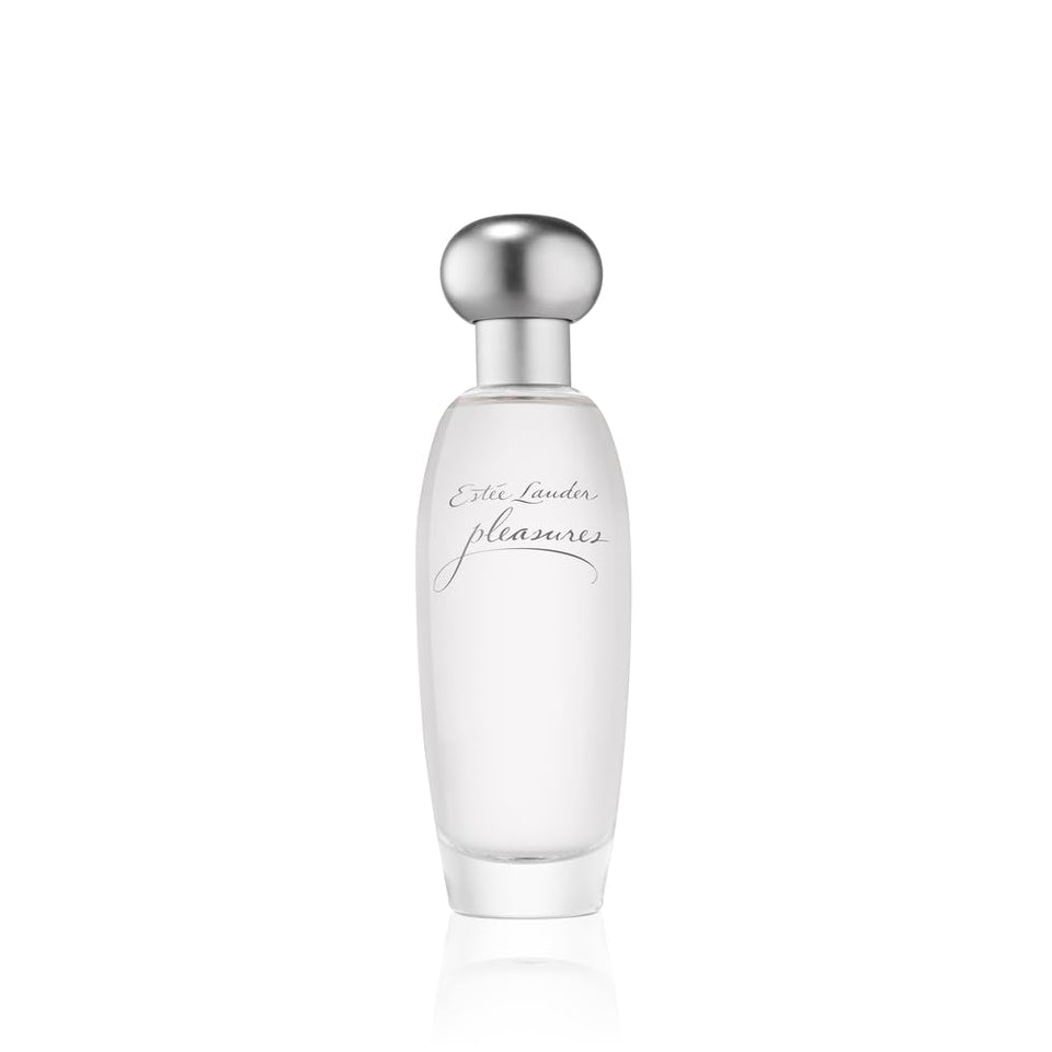 Estée Lauder Pleasures bottle front view showing elegant glass and label, suggests classic luxury