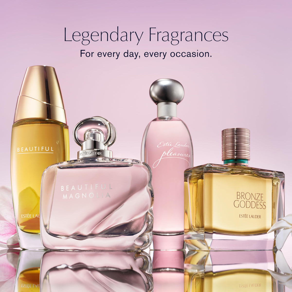 Bottle on a dresser with flowers, Estée Lauder lifestyle mood and freshness
