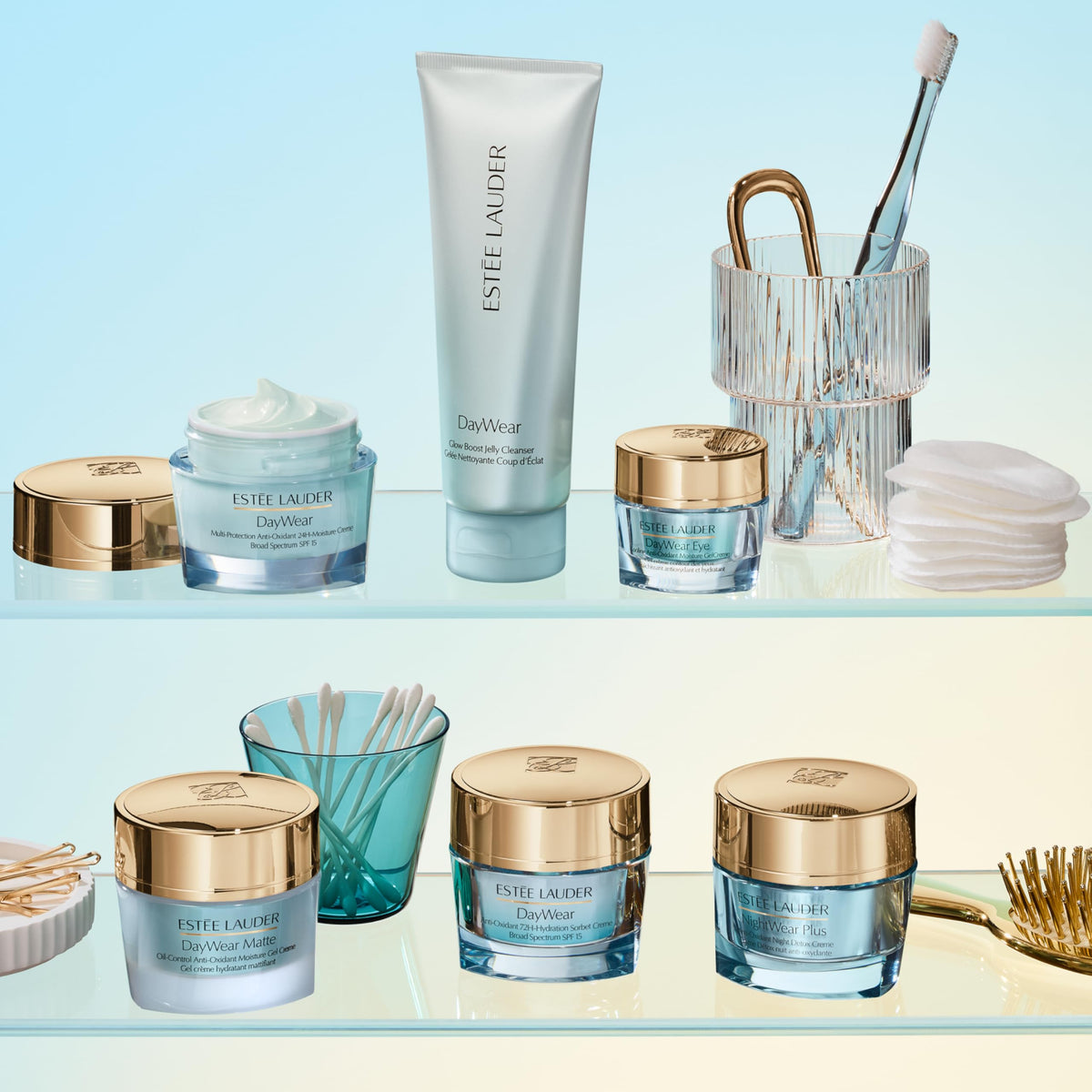 Estée Lauder product placed with DayWear collection suggesting routine compatibility and layering
