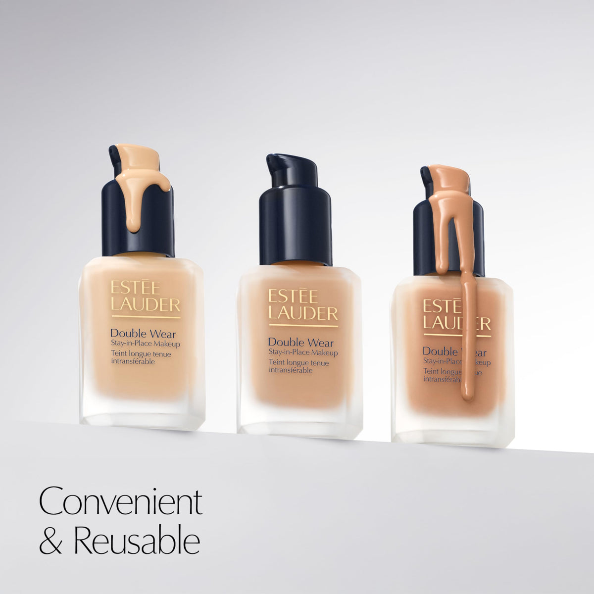 Estée Lauder pump next to ruler scale comparison for compact, reusable benefit