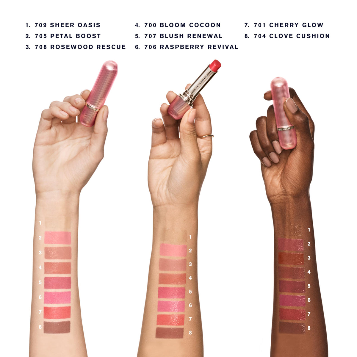 Estée Lauder swatch on lips 705 Petal Boost showing natural rosy pH-adaptive tint
