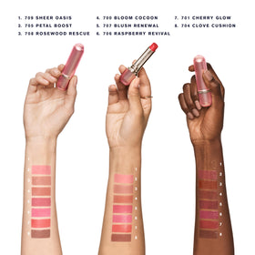 Estée Lauder swatch on lips 705 Petal Boost showing natural rosy pH-adaptive tint