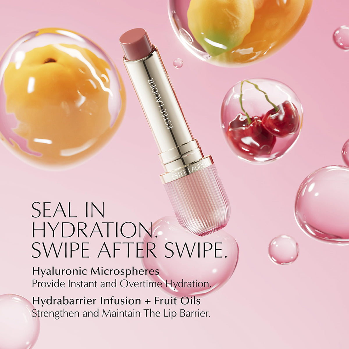 Estée Lauder texture closeup with hyaluronic microspheres showing hydrating formula