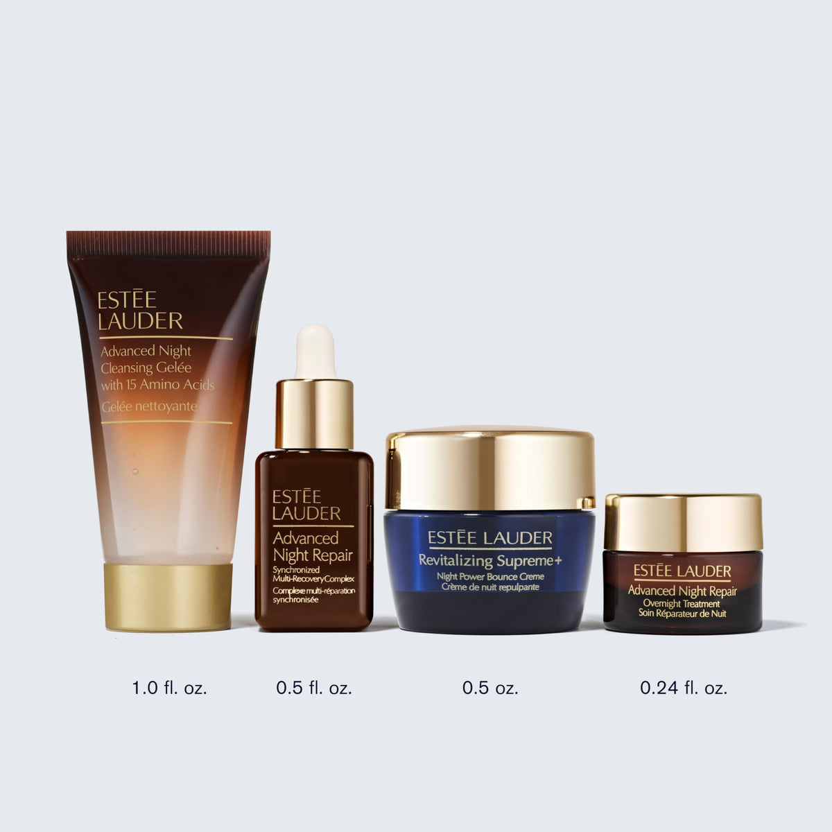 Estée Lauder travel kit styled on bathroom vanity illustrating portable nighttime routine benefits