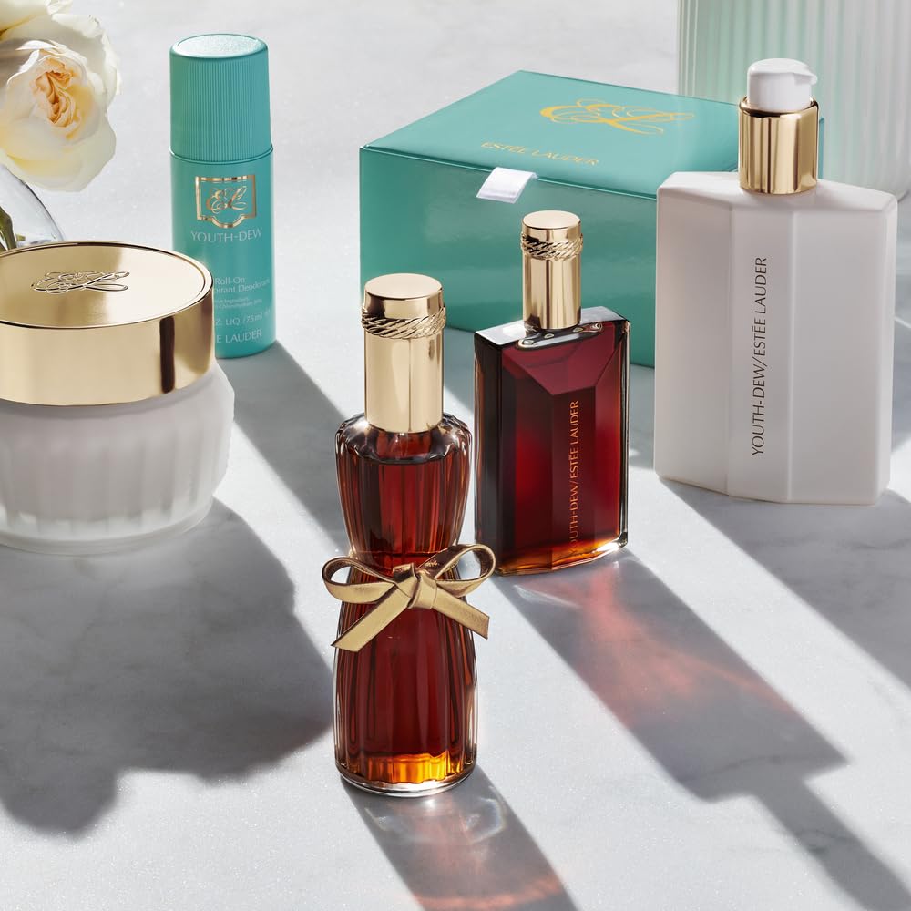 Youth‑Dew bottle on a vanity with warm lighting suggesting sophisticated evening wear and mood