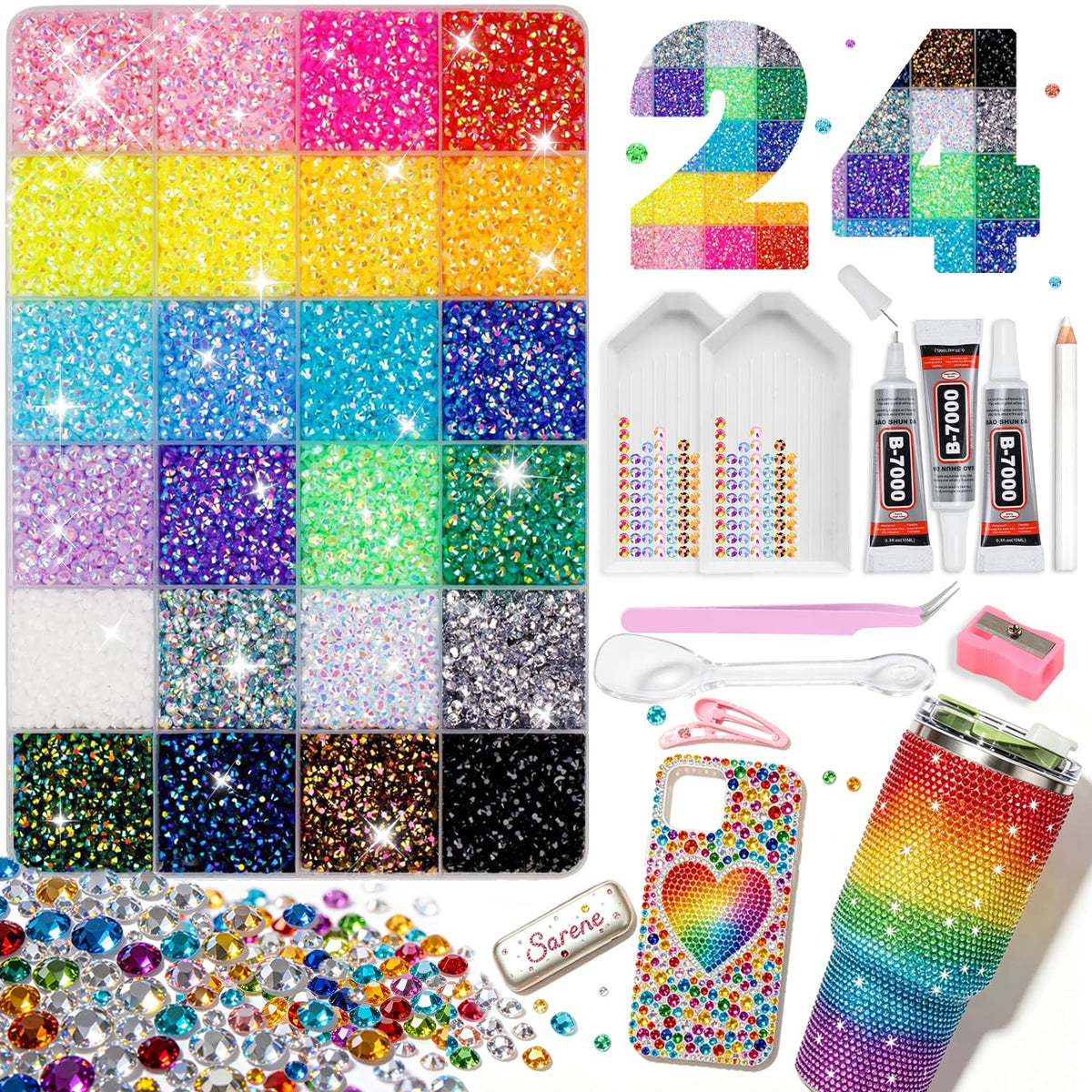 ESUOHYM front packaging showing organized rhinestone compartments for easy access