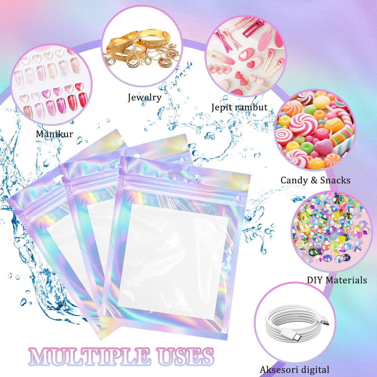 ESUOHYM multiple packed holographic bags in a cosmetic pouch for easy travel organization