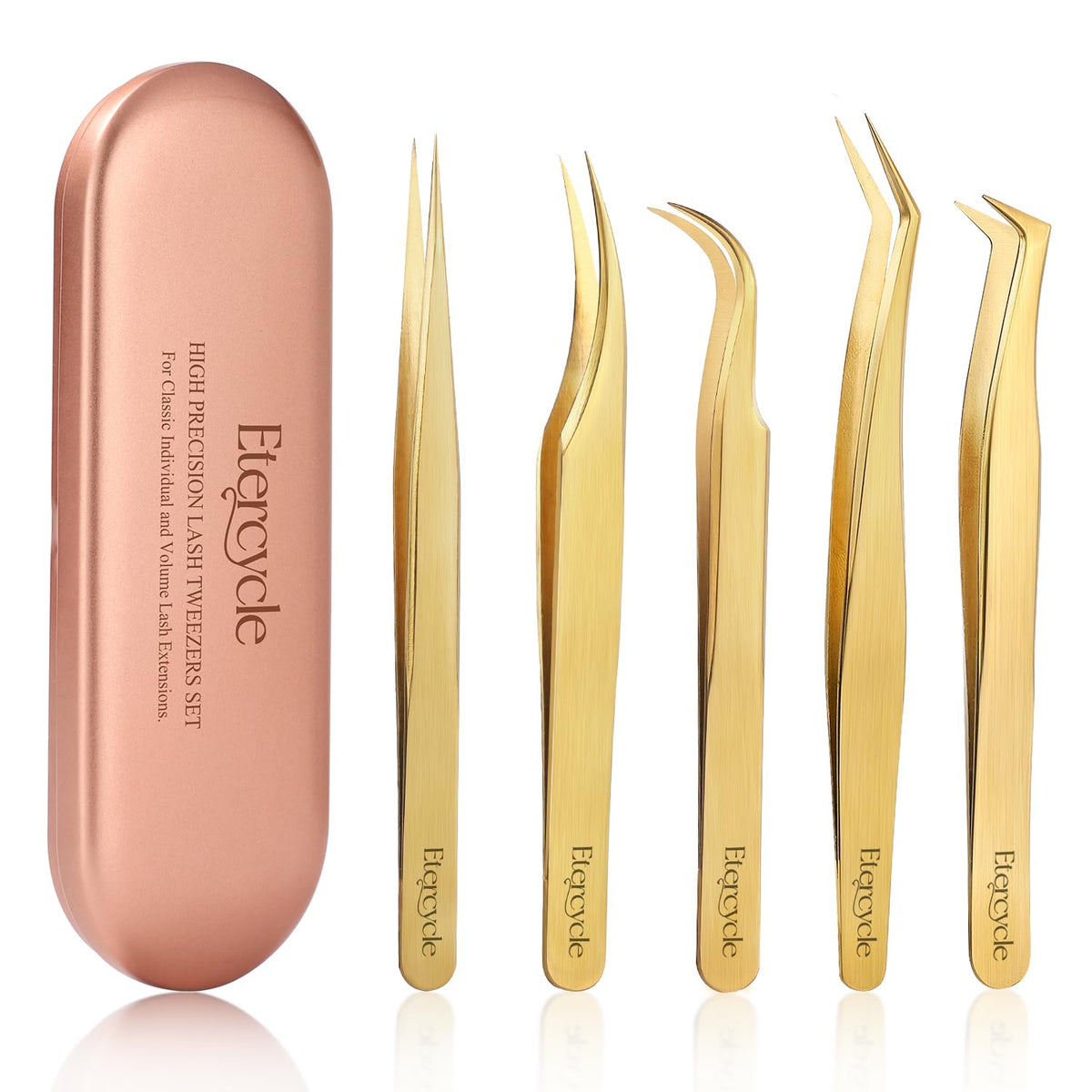 Etercycle front packaging showing five tweezers and storage box for organized use