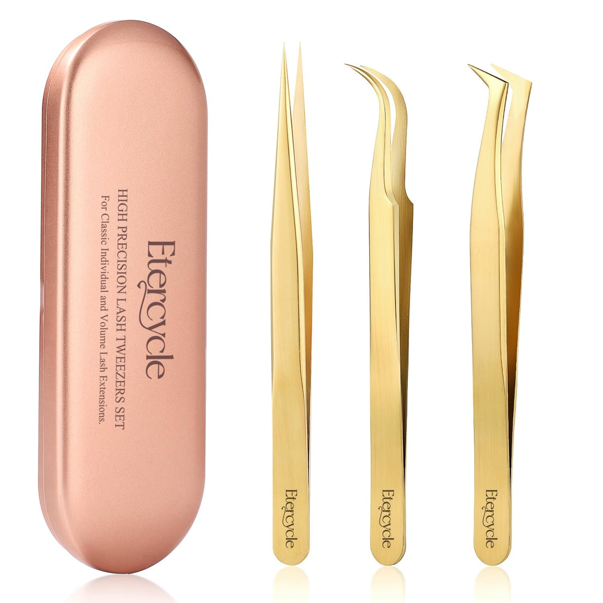 Etercycle front packaging showing the three tweezers and storage box, professional storage benefit