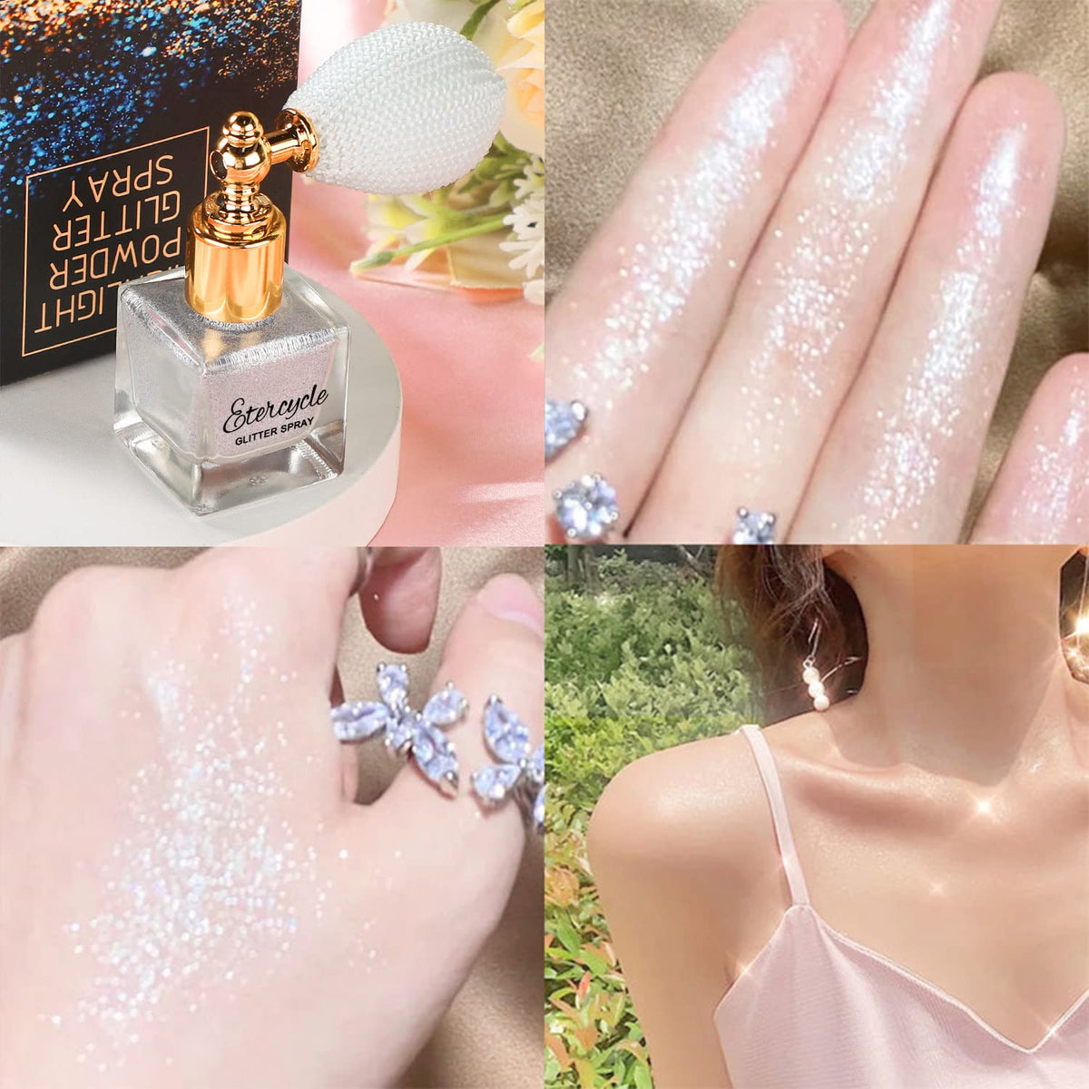 Etercycle applied to hair for silver highlights and festival-ready sparkle