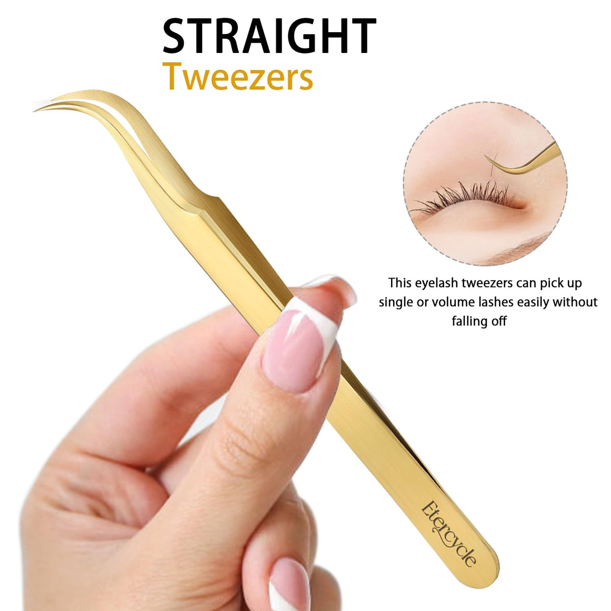 Etercycle straight isolating tweezer separating lashes cleanly for accurate placement