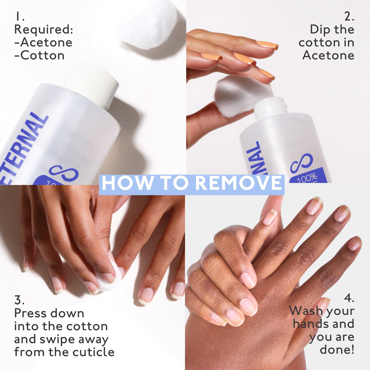 Eternal acetone removing gel polish from nails for quick clean-up