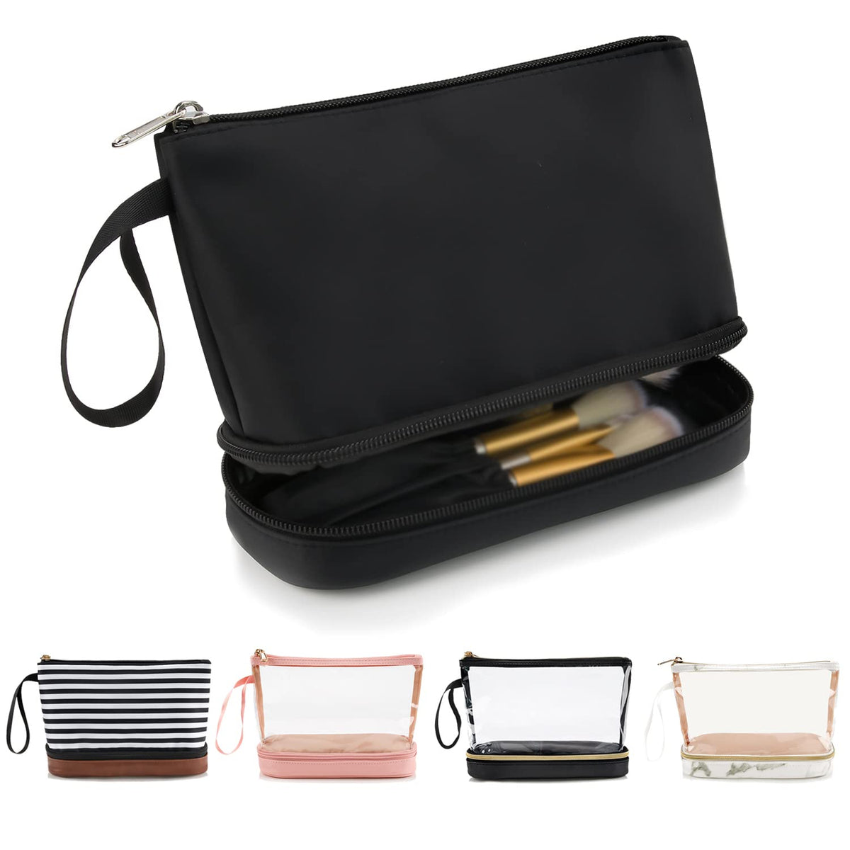 Ethereal front view of black makeup bag showing compact portability and organization