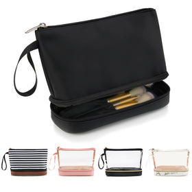 Ethereal front view of black makeup bag showing compact portability and organization