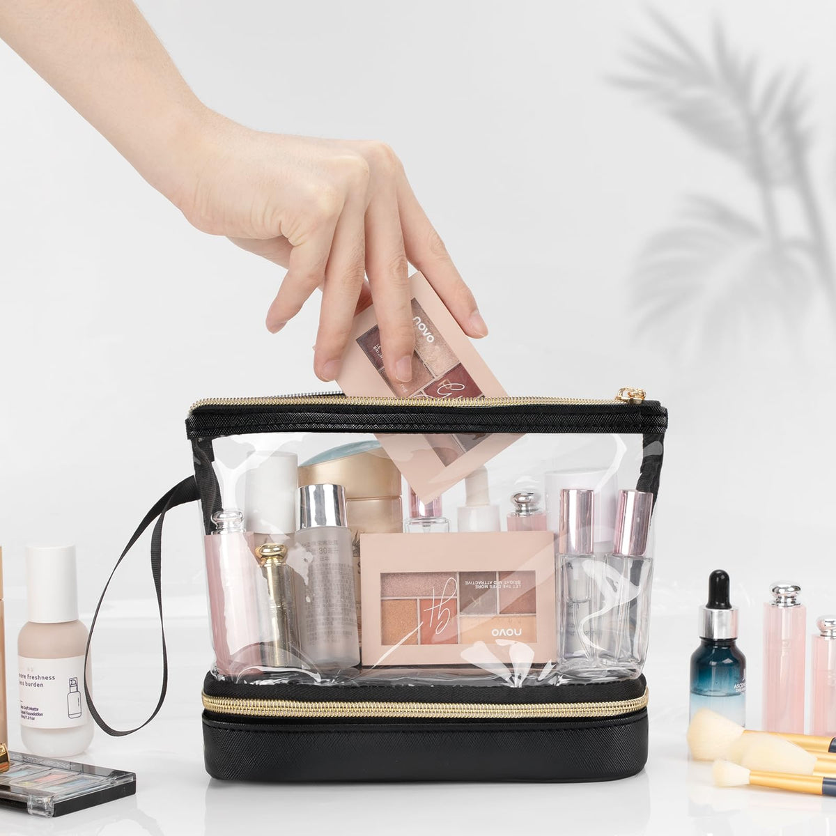 Ethereal upper compartment open with cosmetics for fast access