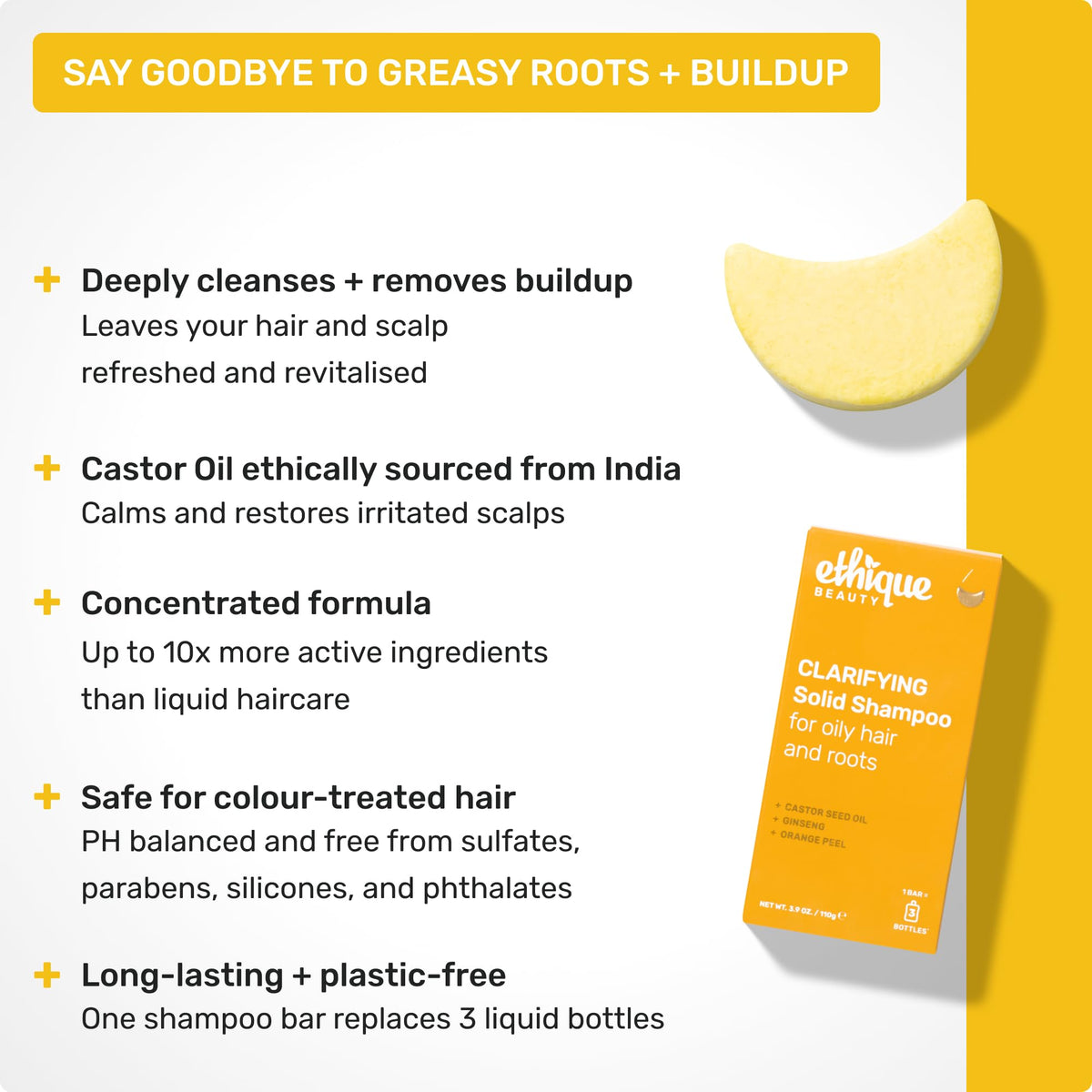 Ethique bar top with readable label and ingredient highlights for easy selection benefit