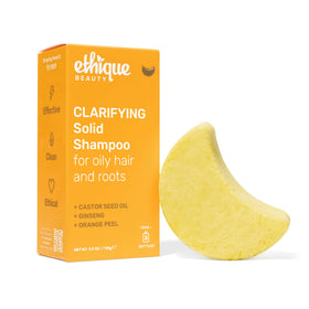 Ethique clarifying shampoo bar front packaging showing product name and compact design benefit