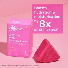 Ethique conditioner bar label detail showing ingredient highlights and vegan certification