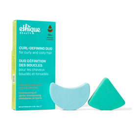 Ethique front packaging showing mini shampoo and conditioner duo, easy travel benefit