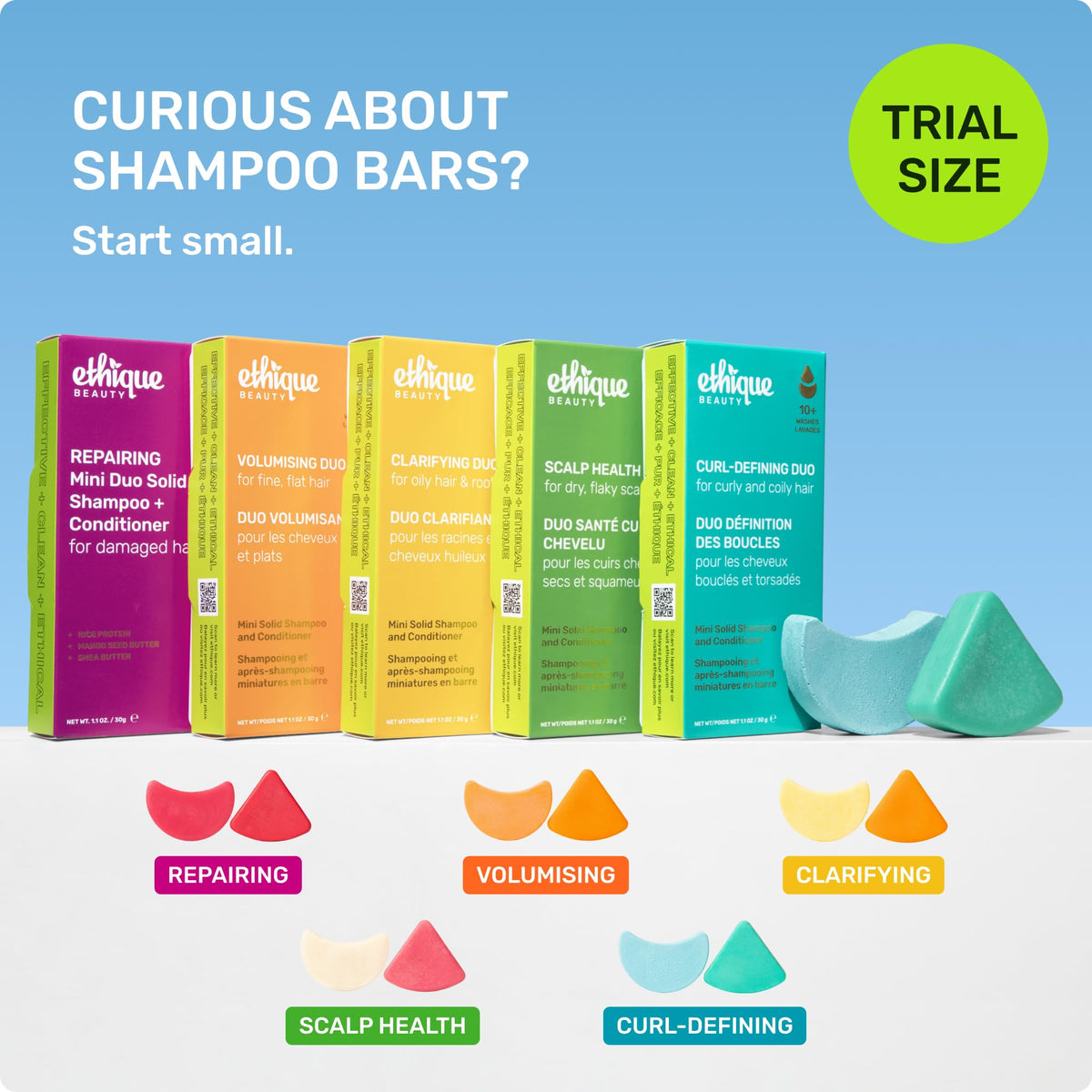 Ethique bars styled in a bathroom setting highlighting eco-friendly, plastic-free travel
